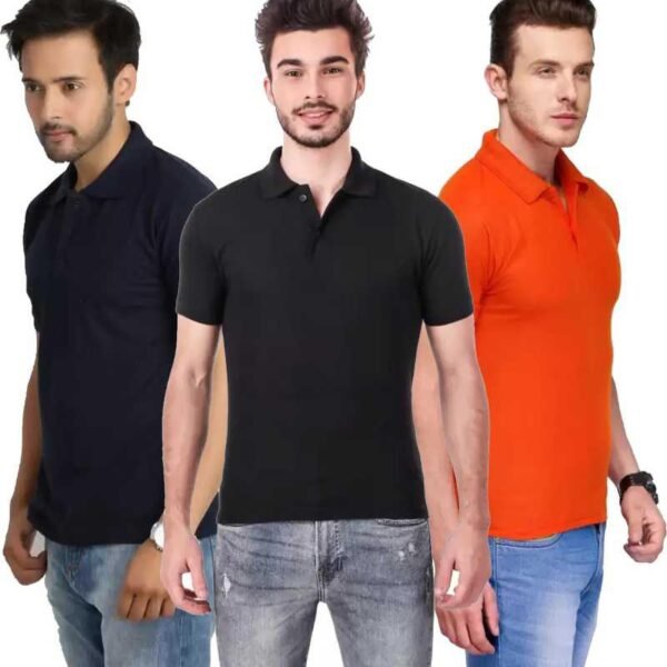 One-H Men's Polo Neck Short Sleeve Casual Tshirt Combo of Dark Blue, Black, Orange colors (Pack of 3)